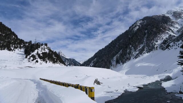 Timepalse of Sonmarg in winter , Kashmir valley, India 