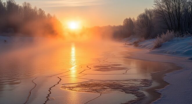 Golden sunrise illuminates misty winter river with frozen cracked ice, casting warm light on snow-covered banks and bare trees, evoking serene natural beauty.