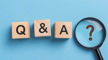 Question and Answer Analysis: A close-up shot focuses on Q&A letters on wooden blocks, juxtaposed with a magnifying glass hovering over a question mark, stimulating inquiry and communication. 