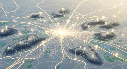 Abstract visualization of a city with glowing nodes and connections