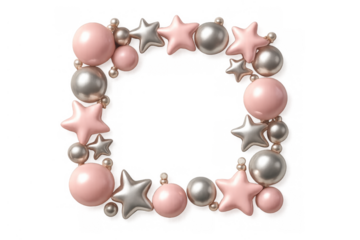 Pink and silver stars and baubles forming a festive border, christmas holiday decoration with copy space