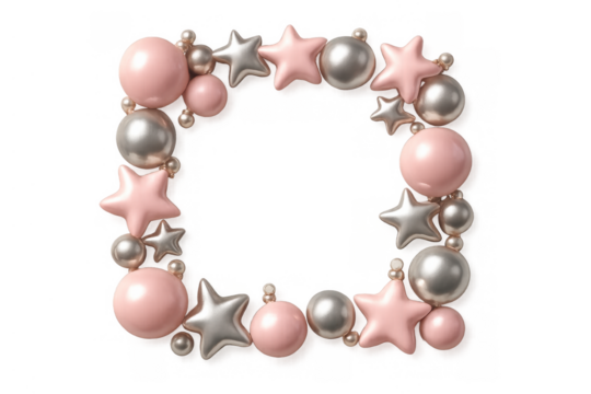 Pink and silver stars and baubles forming a festive border, christmas holiday decoration with copy space