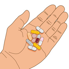 The patient's hand holding a lot of medicine vitamin, illustration on white background