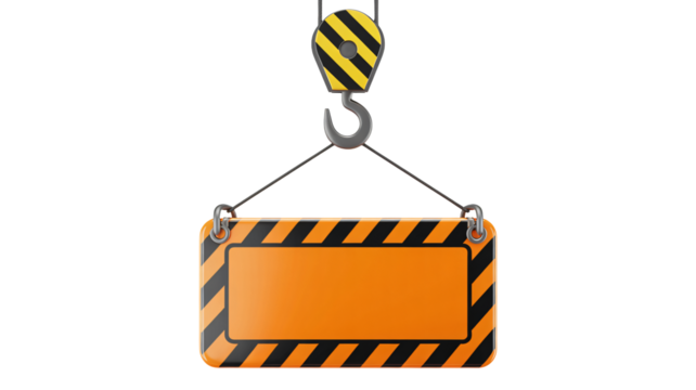 Construction warning sign hanging from crane hook ready for text - Powered by Adobe