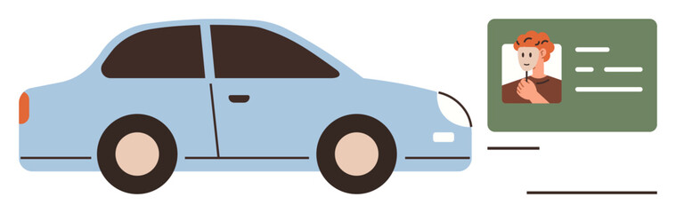 Blue car alongside a drivers ID card featuring photo and personal details. Ideal for transportation, travel, car rental, identification, licensing, security, digital applications. Simple flat