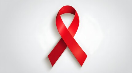 Bright red awareness ribbon isolated on a subtly shaded light background