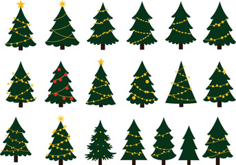 Christmas tree illustration collection, festive holiday vector set, decorative seasonal artwork, stylized pine ornament design, whimsical flat cad drawing