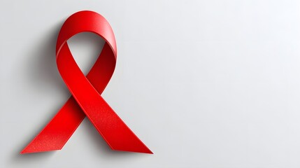 Bright red awareness ribbon stands out against a clean, light background with copy space