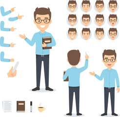 Character Design Set Cartoon Man with Glasses Various Poses and Facial Expressions