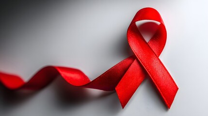 Single bright red awareness ribbon symbol rests on a softly lit gray surface