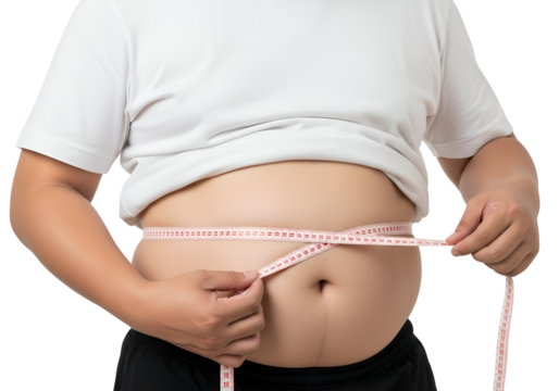 Overweight person measuring their waist with a tape measure, highlighting concepts of weight loss, obesity, diet, health, and fitness journey.