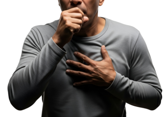 Man coughing with hand on chest, depicting respiratory illness, flu symptoms, or discomfort on white background.