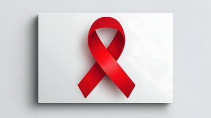 Three dimensional bright red awareness ribbon displayed on a white rectangular card background