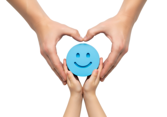 Parent and child hands form a heart around a blue smiley face, symbolizing family love, care, happiness, and emotional support for wellbeing.