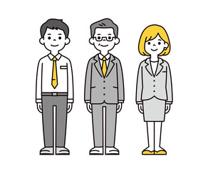 高齢の社長と男女の若手社員のビジネスチームのシンプルな全身ベクターイラスト素材セット