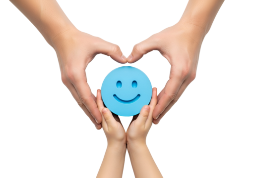 Parent and child hands form a heart around a blue smiley face, symbolizing family love, care, happiness, and emotional support for wellbeing.