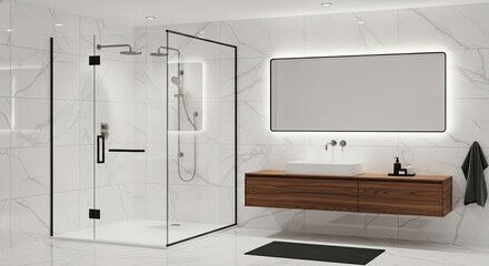 Modern bathroom design with elegant marble walls and luxurious shower, perfect for real estate marketing or home renovation projects showcasing contemporary style