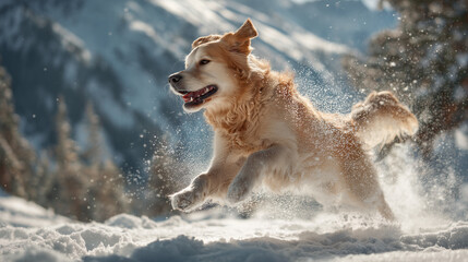 Naklejka premium Golden Retriever Joyfully Bounding Through Snow in Mountainous Winter Wonderland. Image made using Generative AI.