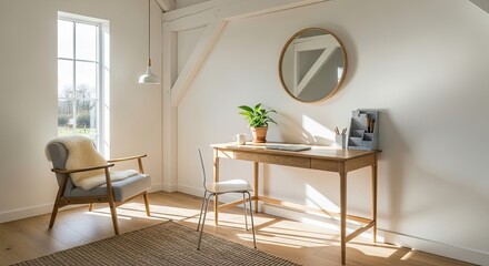Invite Serenity to Your Workspace with this Minimalist Interior, a Haven for Focus and Creativity with Warmth from Sunlight Streaming Through the Window