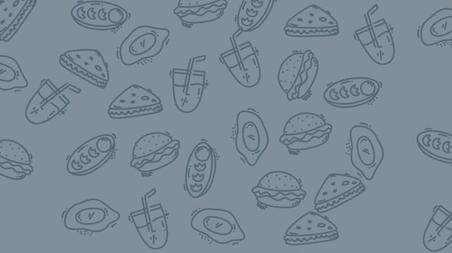 Animation food seamless pattern like burgers, tacos, drinks, and foods. Perfect for foodrelated designs, menus, restaurant promotions, and social media posts.