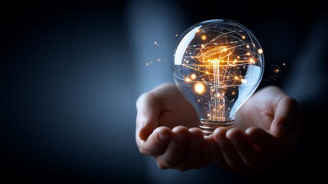Hands presenting a glowing lightbulb that represents a new idea and creative insight, illustrating innovation problem solving and the spark of knowledge becoming actionable value.
