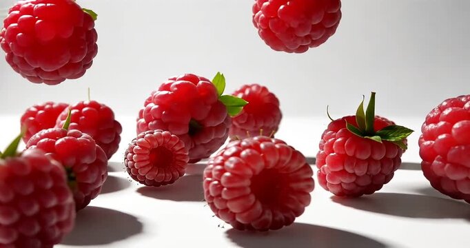 Fresh raspberries floating above a clean white surface, showcasing their vibrant color and texture