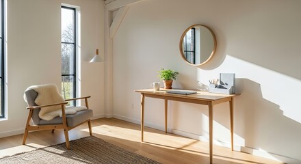Stylish and bright home office setup with a modern desk and cozy chair bathed in sunlight, perfect for remote work inspiration and design ideas