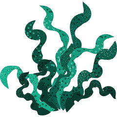 Abstract kelp fronds in varying shades of teal and green with a speckled texture against a clean white background representing underwater flora and marine life