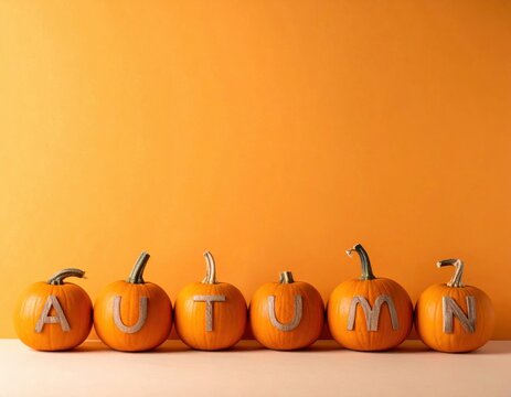 Six mini-pumpkins with individual carved wooden letters spelling out the word "AUTUMN" are lined up on a white surface against a vibrant orange background.