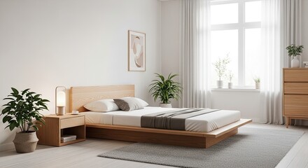 Experience serene relaxation in this modern, minimalist bedroom interior featuring natural wood accents and calming neutral tones for a peaceful retreat