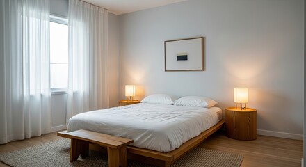 Modern master bedroom retreat with natural light and minimalist decor offers a serene and inviting ambiance for relaxation and restful sleep after a long day
