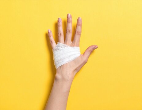 A person's hand with a small white bandage covering a minor cut on the finger is prominently displayed against a simple, solid pastel yellow background, illustrating a concept of minor injury.