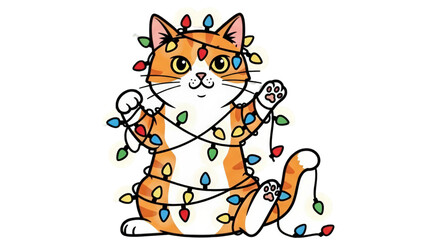 Cute ginger cartoon cat playfully tangled in colorful Christmas lights.
