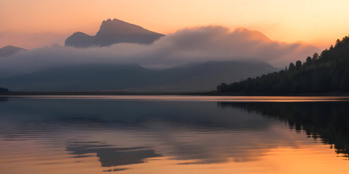 Serene misty mountains majestic golden sunrise reflection over calm lake landscape - Powered by Adobe