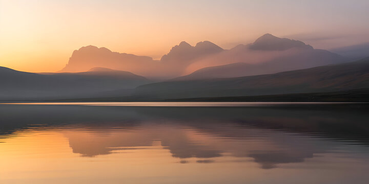 Misty mountains reflecting golden sunrise over serene lake landscape