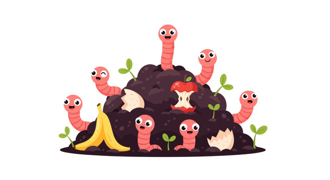Cartoon illustration of worms around a compost pile with food scraps and sprouting plants against a white background.