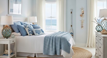 Dreamy coastal bedroom with ocean view and nautical decor, perfect for vacation rental ads or home design inspiration, promising relaxation and seaside charm