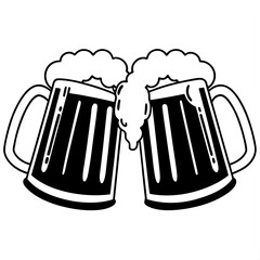 Cheers Beer Mugs Vector Illustration &ndash; Clinking Glasses Celebration Icon, Black and White Line Art Design