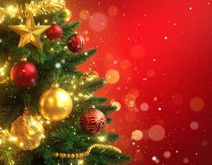 Close-up of a beautifully decorated Christmas tree with glowing lights, golden baubles, and a star against a festive red background with sparkling bokeh
