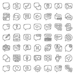 Chat Icon Set – Hand Drawn Messaging and Communication Symbols with Speech Bubbles, Notification, Emoji, Like, Comment, and Social Media Elements for App, Web, and UI Design