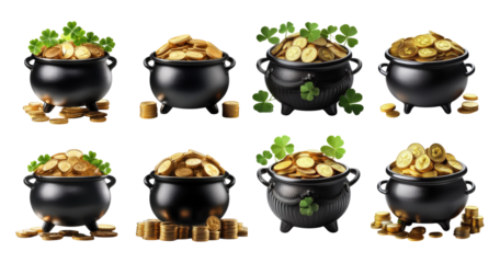 Collection of Black Pots Filled with Gold Coins and Green Clovers, PNG bundle collection, Isolated on Transparent Background