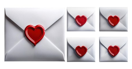 White Envelopes with Red Heart Seals for Romantic Occasions, PNG bundle collection, Isolated on Transparent Background