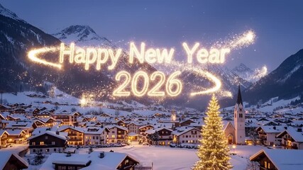 A picturesque night scene of a village nestled in a valley, with snow-covered rooftops, lit by warm lights