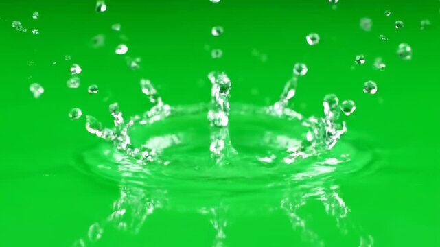 Large, distinct raindrops falling individually and bursting in super slow motion on a keyable green screen droplet, downpour, overlay