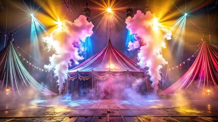 Spectacular circus tent illuminated by vibrant spotlights and filled with dramatic plumes of smoke, creating an atmosphere of wonder and excitement for a grand performance