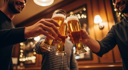 Cheers to good times Friends toasting with beer in a cozy pub at night.