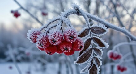 Stunning close up of vibrant red rowan berries frosted with ice crystals, showcasing winter's delicate beauty and crisp frosty air.