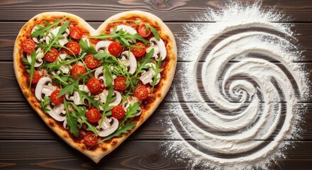 HeartShaped Pizza with Flour Swirl on Rustic Wood Love in Every Slice.