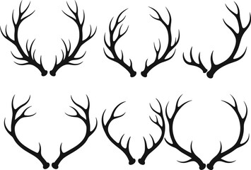 Deer antler silhouette collection, hunting wildlife vector set, stag horn shapes, rustic decorative elements, black flat cad drawing illustration