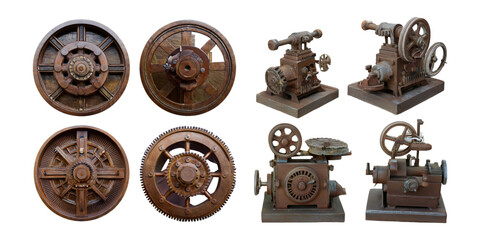 Vintage Mechanical Gears and Engines Collection, PNG collection, set bundle, isolate on transparent or white background